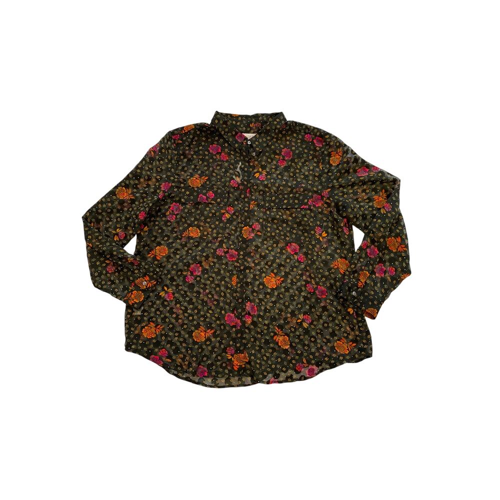 NWT LOFT Sheer Black Floral Polka Dot Button Down Shirt, Size XXL - Picture 10 of 13